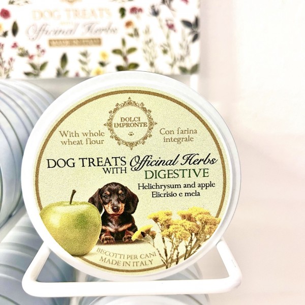 Dolci Impronte -DIGESTIVE  Dog Treats Erbe Officinali - Confezione 6 Scatole latta 36g -Fiore elicriso e mela