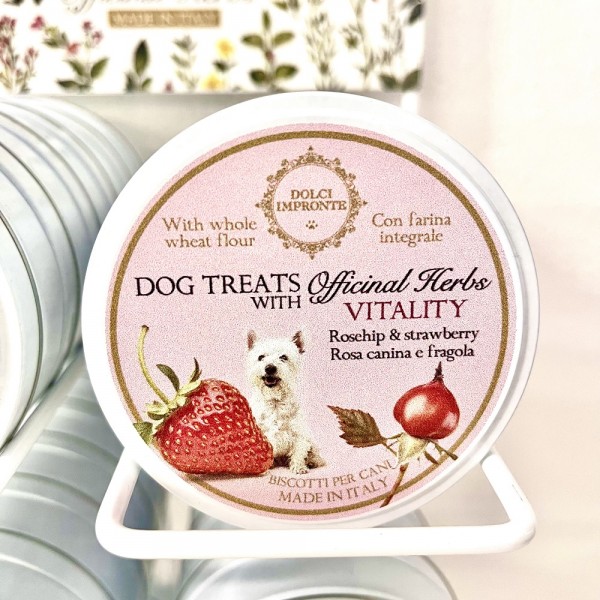 Dolci Impronte - VITALITY Dog Treats Erbe Officinali - Confezione 6 Scatole latta 36gr - Rosa canina e fragola